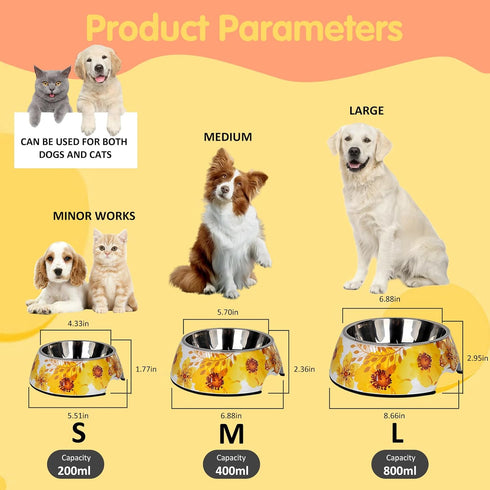 Pet Cats Dogs 2 in 1 Food Water Bowls - Non Slip Skid Proof Heavy Duty Pet Cats Dog Food Water Bowls for Feeding Drinking Medium Dogs (Yellow Flow...