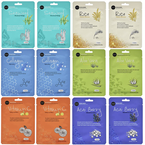 Celavi Essence Facial Face Mask Paper Sheet Korea Skin Care Moisturizing 12 Pack (Mix - 2 of Each)...