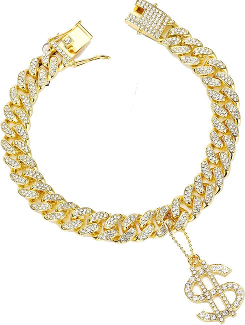 Gold Dog Collar 14mm/20mm Cat Puppy Chain Zircon Cuban Link Chain Handmade Iced out Diamond Exaggerated Dollar Pendant Full Cz Prong Set Pet Jewel...