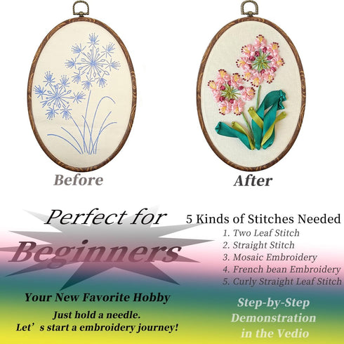 FONNUY Ribbon Embroidery 3D Flowers Pattern Design Kit Embroidery DIY Handwork Set Oval Home Decoration (Pink Crabapple)......
