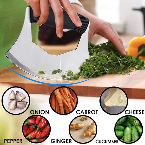 KAYCROWN Mezzaluna Knife Pizza Cutter Salad Chopper - Stainless Steel Sharp Rocker Ulu Knife with Protective Cover for Cutter Pizza, Meat, Vegetab...