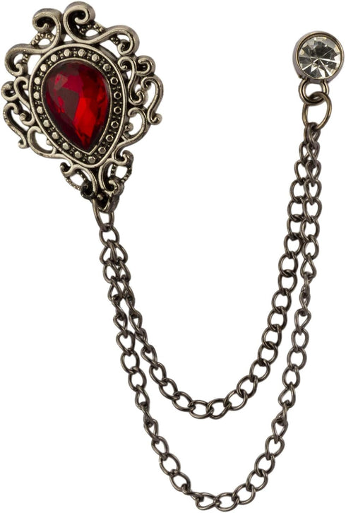 Knighthood Red Stone Gun Metal Engraving Stone Chain Brooch...