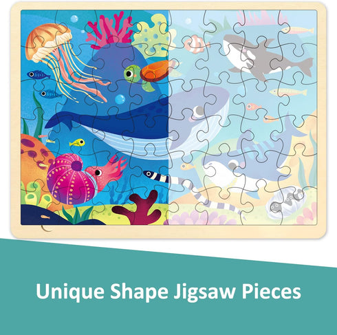 48 Piece Puzzles for Kids Ages 3-5 with Unique Puzzle Pieces, Wooden Jigsaw Puzzle for 3 4 5 6 7 8 Year Old, Ocean Animal Toddler Puzzles for Kids...