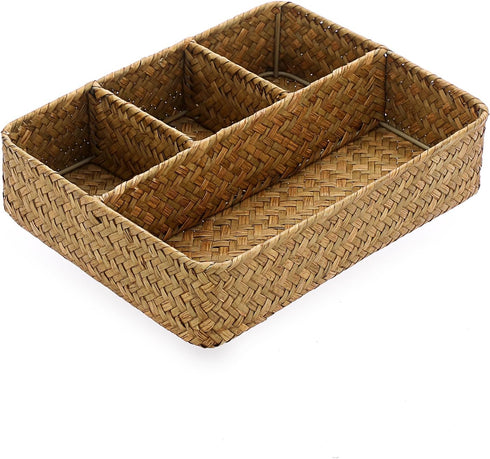 BTSKY Desk Drawer Organizer Tray, Coffee Station Organizer Tea Bag Organizer, Woven Seagrass Storage Basket with 4 Divided Sections Handwoven Wick...