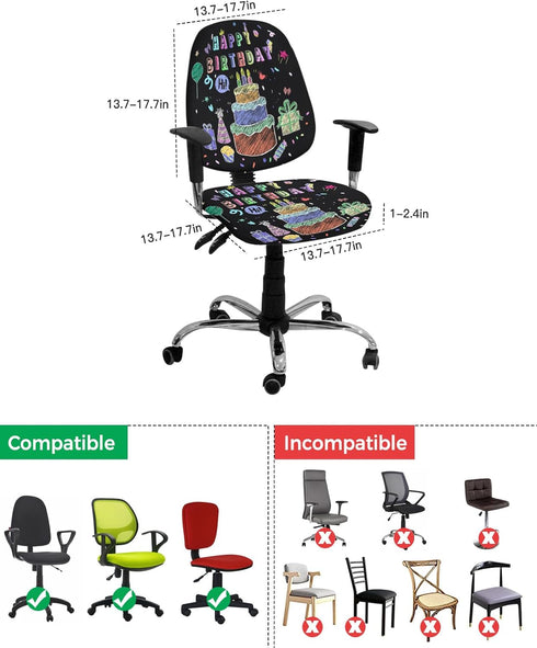 Happy Birthday Office Chair Cover - Stretch Rotating Computer Chair Seat Back Covers, Birthday Gifts Cake Balloons Black Desk Chair Covers Stretch...