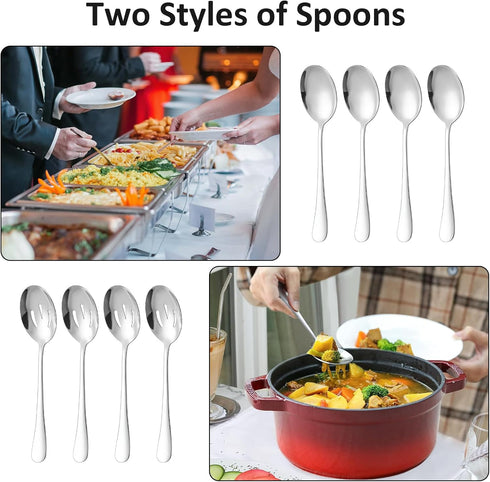 8 Pack Serving Spoons Set - Includes 4 Serving Spoon and 4 Slotted Spoon, 8.6" Stainless Steel Buffet Serving Utensils for Party Banquet Cooking K...