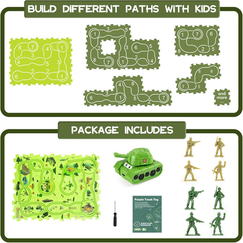 Toy Puzzle Track wiht Army Figures Race Car for Kids Age 3-5, Plastic Puzzle Track Toy Tank Vehicle, Car Tracks for Toddlers 4 5 6 7 Year Old, Mil...
