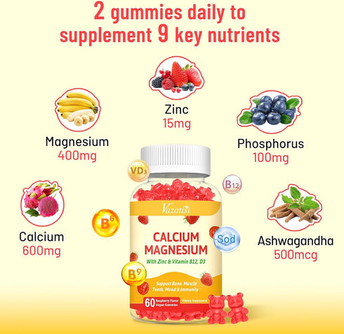 Calcium Magnesium Zinc Gummies with Vitamin D3 & B12, Sugar Free Calcium Supplements for Women Men Support Bone, Muscle Teeth, Mood & Immunity, Ve...