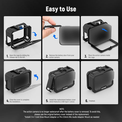 NEEWER Video Rig Cage Compatible with GoPro Hero 12 11 10 9 Light Mod Max Lens Mod, Durable Plastic with 3.5mm Media Audio Mic Adapter Mount, Cold...