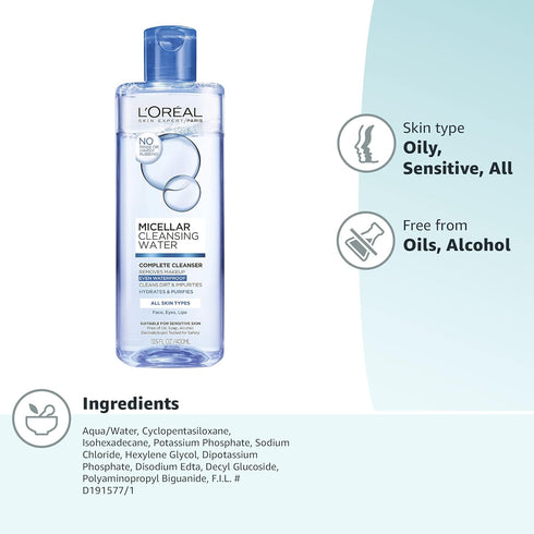 L'Oreal Paris Skincare Micellar Cleansing Water Complete Cleanser to Remove Makeup, Gentle Cleanser, Makeup Remover, 13.5 Fl Oz...