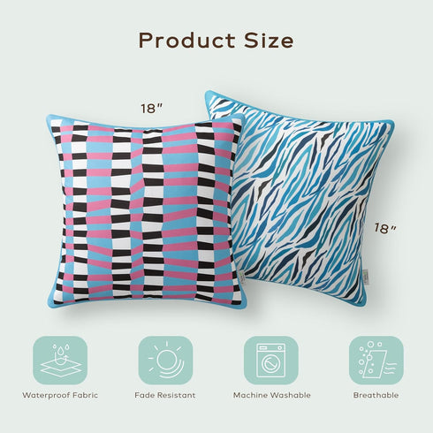 Ashler Boho Outdoor Pillows, Blue/Pink 18 x 18 Pillow Covers, Outdoor Pillows Waterproof Set of 2, Stripe Pillow Case for Patio, Couch, Water Resi...