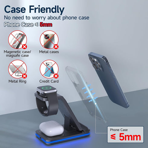3 in 1 Charging Station for Apple,Foldable Fast Wireless Charger for iPhone Travel Charging Station for iPhone 15/14/13/12/11/X/XS/XR 8,iWatch Ult...