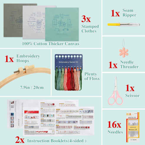 ASTNIC 3 Sets Embroidery Kit for Beginners, Cross Stitch Kits with Flower Mushroom Pattern Hoop Needle Kit DIY Knitting Kit Arts and Crafts for Ad...