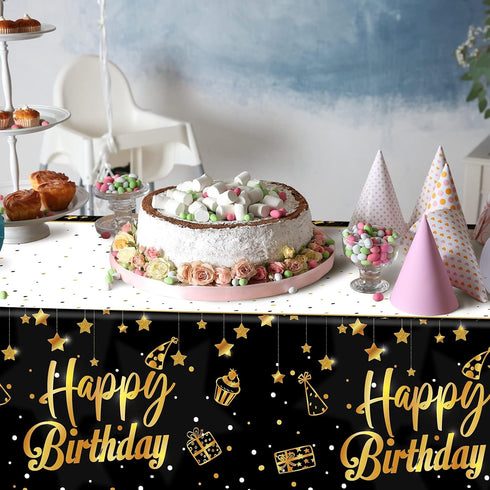 Ruisita 2 Pack Black Gold Table Cloth Cover Happy Birthday Tablecloth Party Tablecloths Rectangular Table Cloth Cover for Indoor or Outdoor Partie...