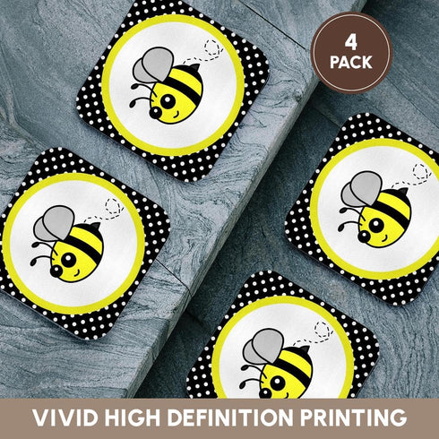 3dRose cst_57078_1 Cute Yellow Bumble Bee on Black and White Polka Dots-Soft Coasters, Set of 4...