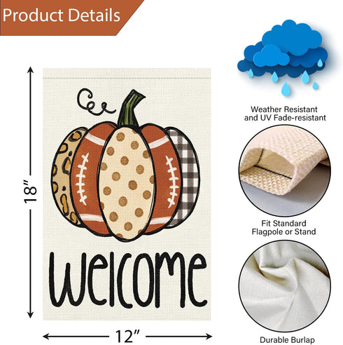 Louise Maelys Welcome Fall Garden Flag 12x18 Double Sided, Small Burlap Autumn Pumpkin Football Garden Flag Fall Thanksgiving Outside Outdoor Hous...