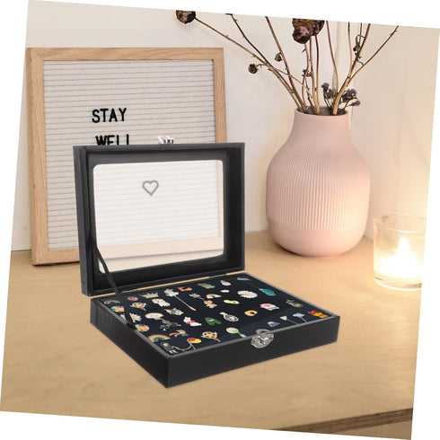 Badge Storage Box Pin Display Small Jewelry Tray Pin Badge Display Case Glass Container Wood Monitor Stand Badge Holder Badge Brooch Case Desktop ...