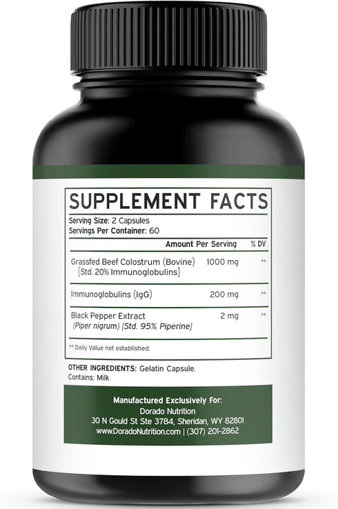 Colostrum Supplement 1000mg Per Serving - (Bovine Colostrum Capsules, Std. to Contain 20% IgG Immunoglobulins) - Grass Fed Colostrum - 120 Vegan C...