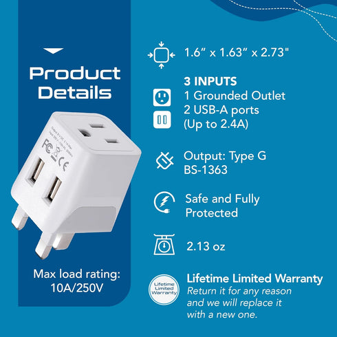 Ceptics UK Travel Adapter Plug - with 2 USB + USA Socket Input - Type G - Ultra Compact - Safe Grounded Perfect for Cell Phones, Laptops, Camera C...