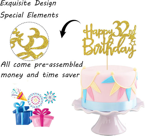 Gold Glitter Happy 32nd Birthday Cake Topper - 32 Sign Cake Topper - Cheers to 32Years Party Supplies - 32nd Birthday Party Decoration...