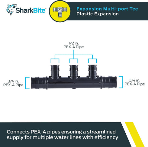 SharkBite 3 Port PEX Expansion Poly Tee, 3/4 Inch Open Trunk with 1/2 Inch Outlet, Multi Line Water Manifold Plumbing Fittings for PEX-A Tubing, U...