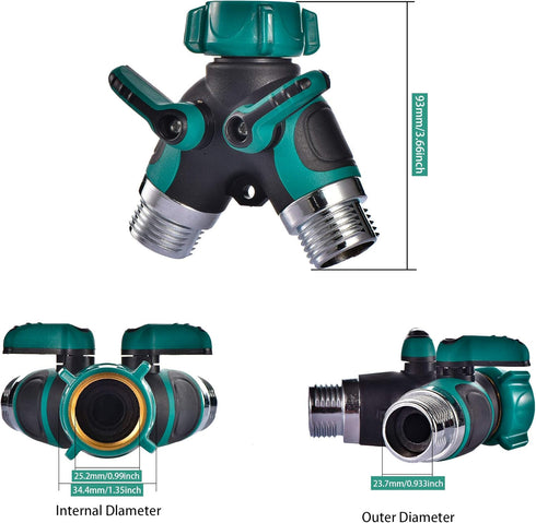 2 Way Hose Splitter Y Connector with Comfortable Rubber Grip and 360 °Rotatable Top Quick Connect Garden Hose Tee Equipment Valve Shut Off (Dark G...