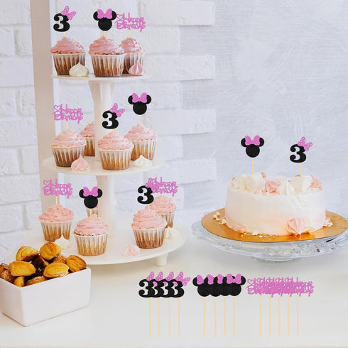 Pink Glitter Mini Mouse Inspired Cupcake Toppers with Bow - Kids Girls 3rd Birthday Baby Shower Party Cupcake Decorations - Cartoon Theme Pink Mou...