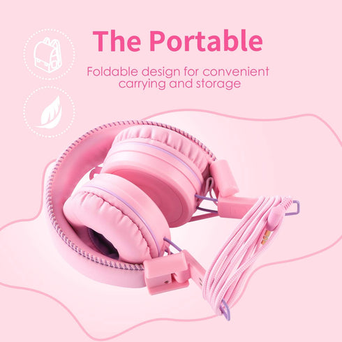 POWMEE M1 Kids Headphones Wired Headphone for Kids,Foldable Adjustable Stereo Tangle-Free,3.5MM Jack Wire Cord On-Ear Headphone for Children (Pink...