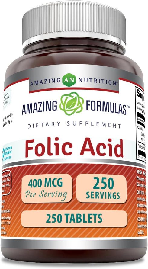 Amazing Formulas Folic Acid (Vitamin B9) 400 mcg Tablets | Non-GMO | Gluten Free | Made in USA (400 mcg, 250, Count)...