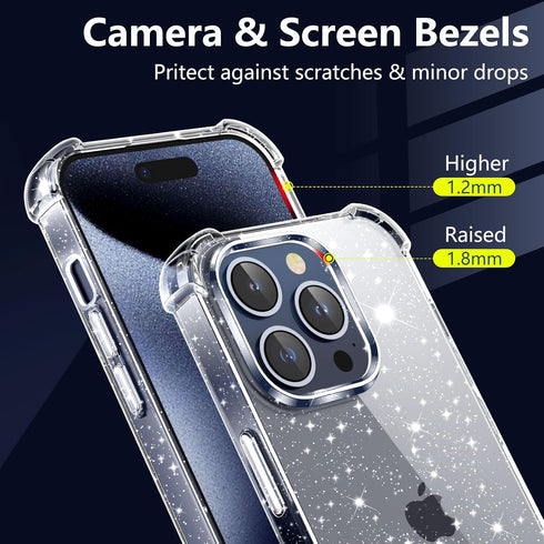 KSWOUS for iPhone 15 Pro Max Case Glitter with 2 Pack Screen Protector + 2 Pack Camera Lens Protector, Clear Glittering Cute Phone Case Shockproof...