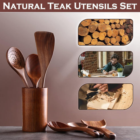 Wooden Spoons for Cooking, 6 Pcs Wooden Utensils for Cooking, Natural Teak Wood Non-Stick Cooking Spoons, Wood Utensils Set for Kitchen...