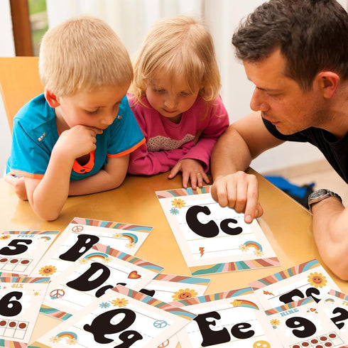 36Pcs Retro Classroom Alphabet Number Bulletin Board Set, Groovy ABC Alphabet Card and 0-9 Number Posters Decor with Glue Point for Preschool Kind...