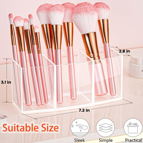 Clear Makeup Brush Organizer, Acrylic Cosmetic Brushes Storage with 3 Slots,Perfect Pen Holder for Desk...