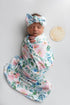 Newborn Floral Print Blanket Baby Stretch Wrap Swaddle Blanket Receiving Blanket with Matching Headband and Beanie (Green and Pink)...