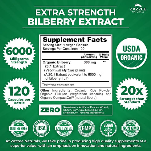 Zazzee USDA Organic Bilberry 20:1 Extract, 6000 mg Strength, 120 Vegan Capsules, 4 Month Supply, Standardized and Concentrated 20X Extract, 100% V...