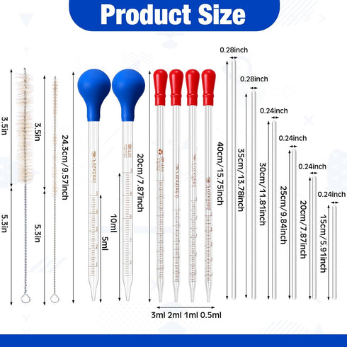 14 Pcs Glass Graduated Droppers Set Include 6 Pipettes Dropper 0.5ml 1ml 2ml 3ml 5ml 10ml with 6 Glass Stir Rod and 2 Washing Brushes for Lab Liqu...