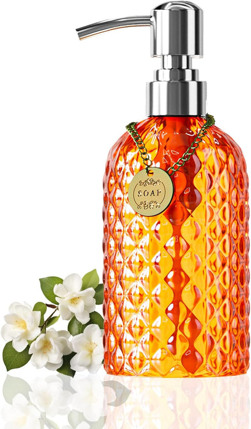 12 oz Diamond Stripe Glass Soap Dispenser, 304 Rust Proof Glass Soap Dispenser, Orange Glass Bottle Soap Dispenser with Pump; Restroom Soap Dispen...