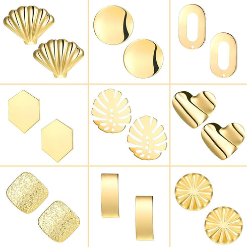 Hicarer 36 Pcs/ 18 Pairs Gold Plated Earring Studs for Jewelry Making Earring Posts with Loop Hole Ear Studs Kit Palm Leaf Shaped Flower Shell Ear...