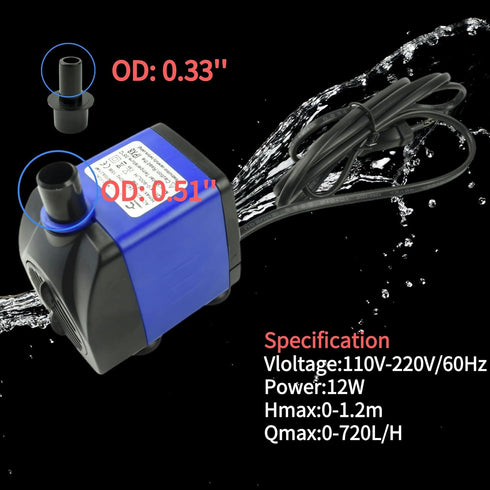 CHA-750 720L/H AC 110V 185GPH Submersible Pump 12W Quiet Water Pump 3.94ft High Head for Fish Tanks, Ponds, Aquariums, Tabletop Fountains, Hydropo...