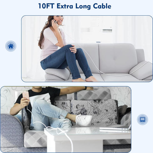 (Apple MFi Certified)iphone charger 10ft,2Pack 10 Foot Long Data Syncing Charging Lightning Cord Cable with 2Pack USB Wall Charger Travel Plug Ada...
