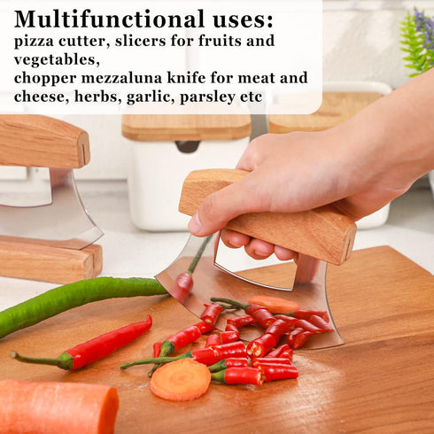 Hanaive 2 Pack 4 x 5 inch Mezzaluna Ulu Knife Salad Veggies Rocker Chopper Slicer Cutter Mezzaluna Knife with Wooden Display Stand for Kitchen Cut...