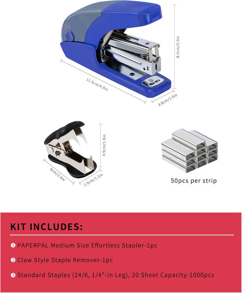 Effortless Standard Stapler Set, 20 Sheet Capacity, Half Strip, Built-in Staples Storage, Holds 1/4" Staples, Includes 1000 Staples and A Staple R...