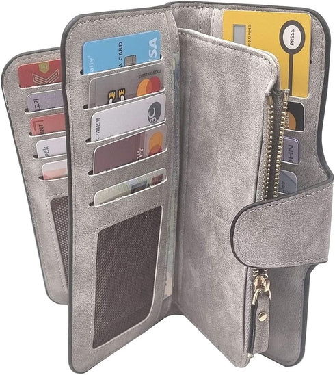 Soft PU Leather Trifold Women's Fashion Wallets Card, Coin Organizer Buckle Opening Lady Clutch (Gray)...