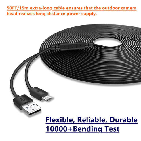 50-Foot(15M) Power Extension Cable, Compatible with Wyze Cam/Wyze Cam Pan, Yi Camera, NestCam Indoor, Blink XT Camera, Netvue Cam, USB to Micro US...