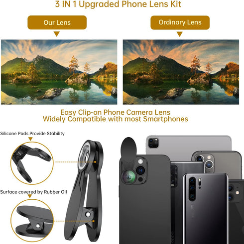 Phone Camera Lens 3 in 1 Kit, COSULAN Phone Lens Kit - 235° Fisheye Lens + 25X Macro Lens + 0.62X Wide Angle Lens, Clip on Cell Phone Lens Camera ...