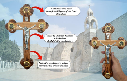 Zuluf 10.6" Olive Wood Wall Crucifix Catholic Hanging Cross with Relics Holy Essences Orthodox Holy Land Gift CRS033...