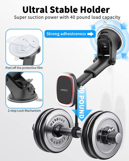 APPS2Car Magnetic Phone Mount, Dashboard Windshield Suction Cup Car Phone Holder Phone Mount with 6 Strong Magnets, Adjustable Telescopic Arm, Com...