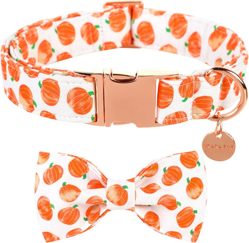 Halloween Dog Collar with Bow Tie, Pumpkin Cotton Bowtie Collar for Puppy Girl Boy Dog or Cat, Fall Dog Collar Bowtie with Metal Buckle, Adorable ...