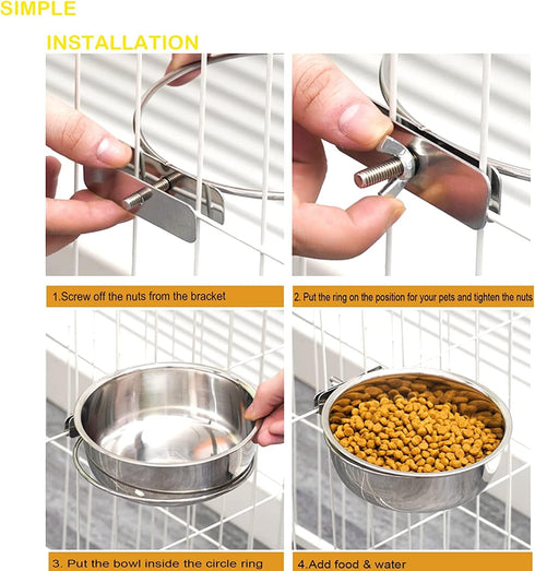 2 PCS Stainless Steel Pet Bowls Anti-Spill Metal Feeder Food and Water Feeding Bowl, Hanging Pet Cage Crate Bowl for Puppy Kennel Medium and Large...