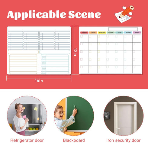 2 Pack Magnetic Dry Erase Board Set for Fridge Wall 16x12 inch, Calendar Whiteboard Customizable Weekly Monthly Planner Daily Notepads, includes 8...
